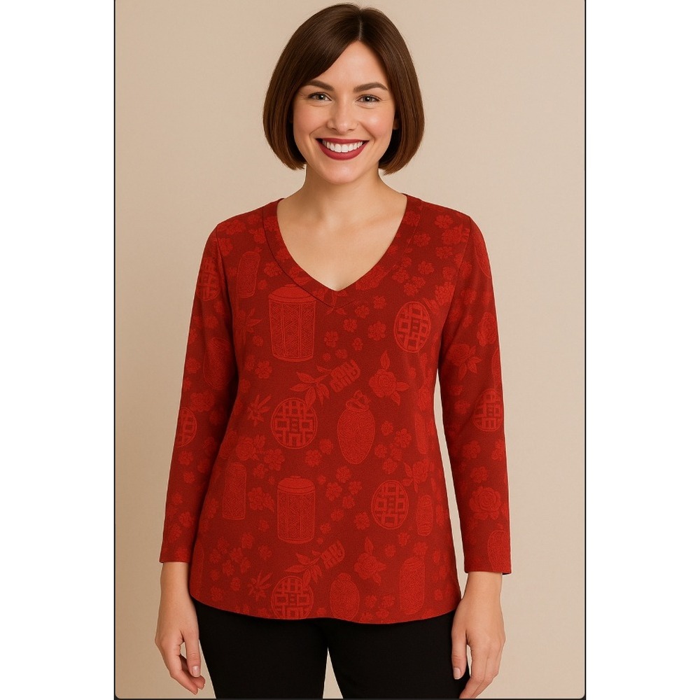 Chico's‎ Travelers Asian Inspired Red Print Long Sleeve Top Size Large 2